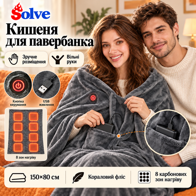 Плед с подогревом Solve 150х80 см USB от повербанка, 8 зон нагрева, 3 режима, серый KT9009521 - Фото 5 Плед с подогревом Solve 150х80 см USB от повербанка, 8 зон нагрева, 3 режима, серый KT9009521 - изображение 5