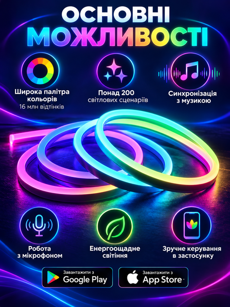 Гибкая неоновая LED-лента LONGITUD 10 м RGB с управлением через смартфон, USB Bluetooth, IP68, пульт дистанционного управления - изображение 2