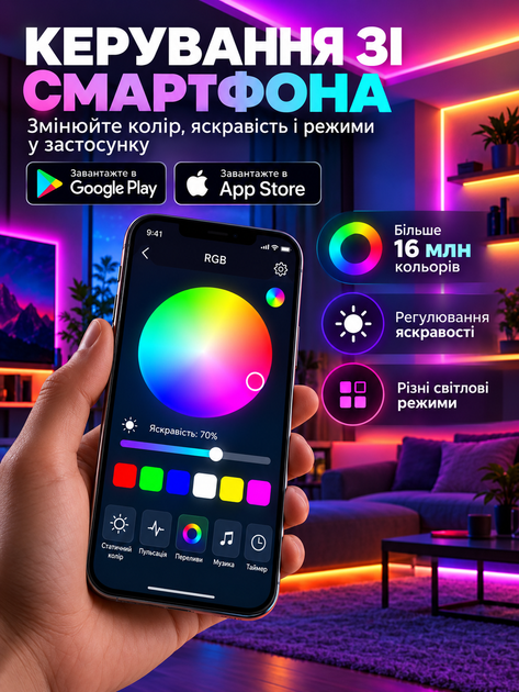 Гибкая неоновая LED-лента LONGITUD 10 м RGB с управлением через смартфон, USB Bluetooth, IP68, пульт дистанционного управления - изображение 4