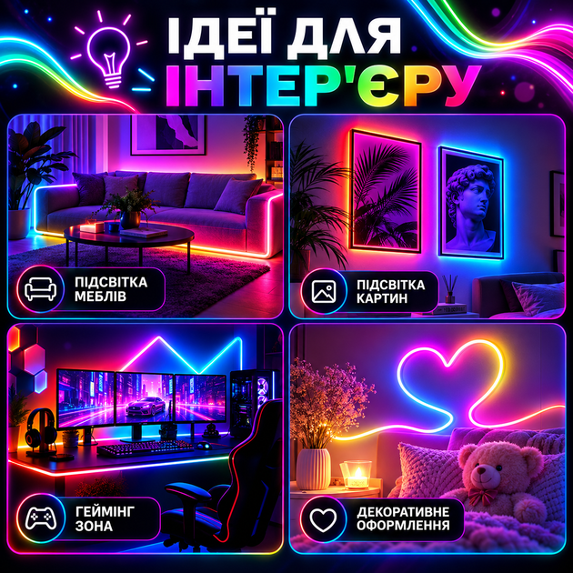 Гибкая умная неоновая LED-лента Smart Neon RGB-IC Magic 10 м, USB Bluetooth, 5 В, RGB-подсветка с управлением телефоном и пультом - изображение 5