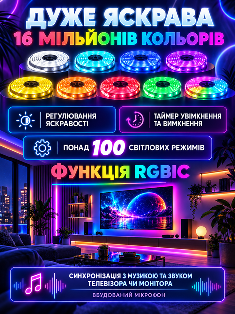 Гибкая неоновая LED-лента LONGITUD 10 м RGB с управлением через смартфон, USB Bluetooth, IP68, пульт дистанционного управления - изображение 9