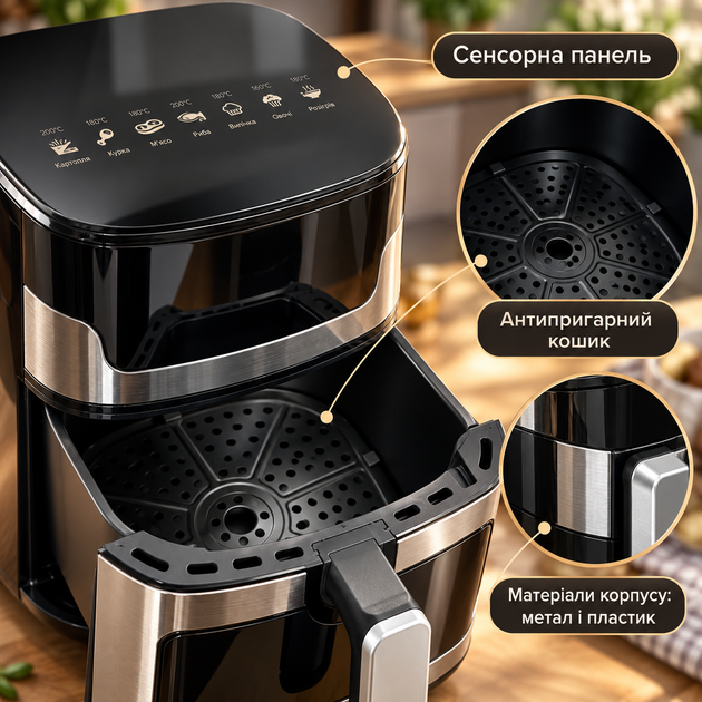 Сенсорная мультипечь-аэрогриль Zepline 3500 Вт 8 л на 8 программ с таймером и регулировкой температуры 80–200 °C - изображение 2