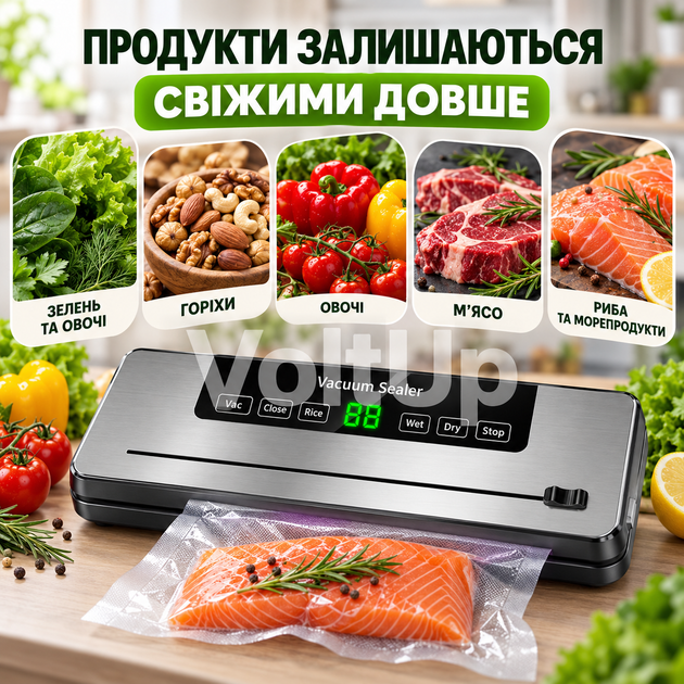 Автоматический вакууматор для продуктов 65 kPa 120 Вт с сенсорной панелью, фиолетовой стерилизацией, ножом и запайкой до 30 см - изображение 3