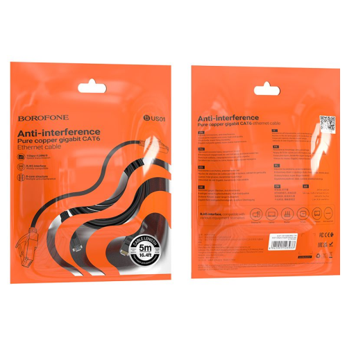 Патч-корд литий Borofone BUS01, UTP, RJ45, Cat.6, 5m, чорний, Cu (мідь) - изображение 2