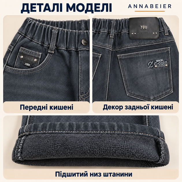 Підліткові джинси Annabeier утеплені Mom Wide на плюшевому флісі,Темно-синій 170 - зображення 6