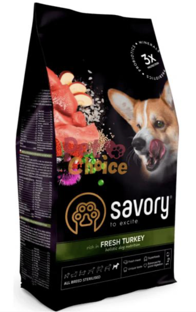 Сухий корм Savory All Breed Sterilised rich in FreshTurkey для стерилізованих собак зі свіжим м'ясом індички 1 кг - Фото 1 Сухий корм Savory All Breed Sterilised rich in FreshTurkey для стерилізованих собак зі свіжим м'ясом індички 1 кг - зображення 1