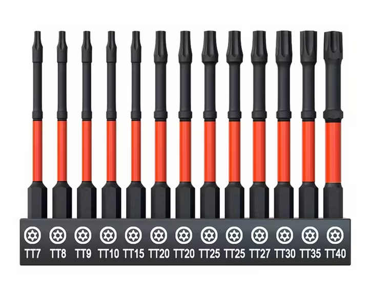 Набір подовжених магнітних біт Torx Tamper (з отвором) S2 75 мм (TT7–TT40, 13 предметів) під шуруповерт і гайковерт - Фото 1 Набір подовжених магнітних біт Torx Tamper (з отвором) S2 75 мм (TT7–TT40, 13 предметів) під шуруповерт і гайковерт - зображення 1