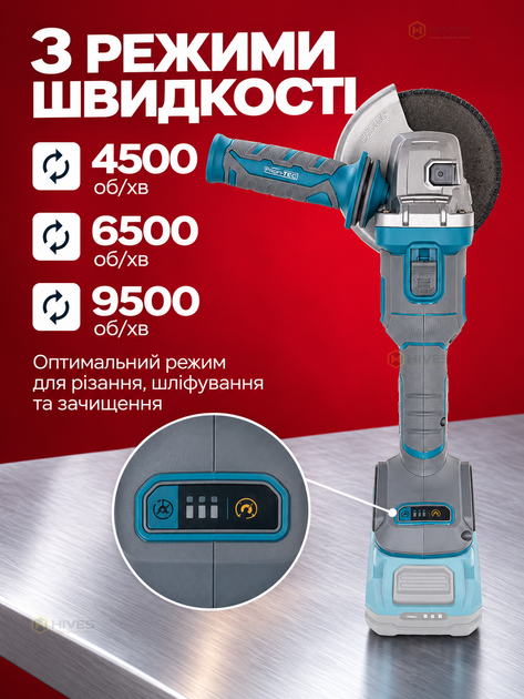 Акумуляторна болгарка 125 мм 20 В безщіткова, КШМ з регулюванням обертів 4500–9500 об/хв, без АКБ і ЗП - зображення 3