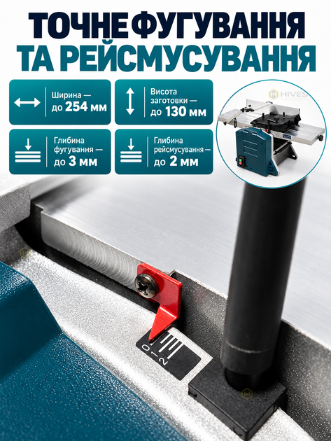 Фуговально-рейсмусовый станок по дереву 1800 Вт, 254 мм, 10000 об/мин, 2 ножа, высота до 130 мм, фуганок-рейсмус 2 в 1 - изображение 4