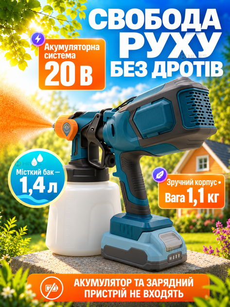Аккумуляторный краскопульт краскораспылитель 20 В 170 Вт 0,85 л/мин бак 1,4 л 4 сопла для лака грунтовки грунтовки без АКБ и ЗП - изображение 2