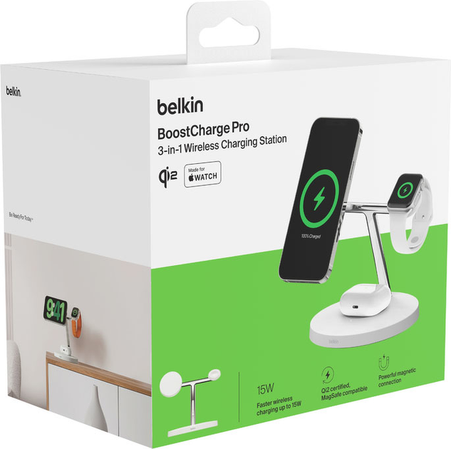 Бездротовий зарядний пристрій Belkin BoostCharge Pro 3-in-1 Wireless Charger MagSafe 15 Вт White (WIZ032KQWH) - Фото 8 Бездротовий зарядний пристрій Belkin BoostCharge Pro 3-in-1 Wireless Charger MagSafe 15 Вт White (WIZ032KQWH) - зображення 8