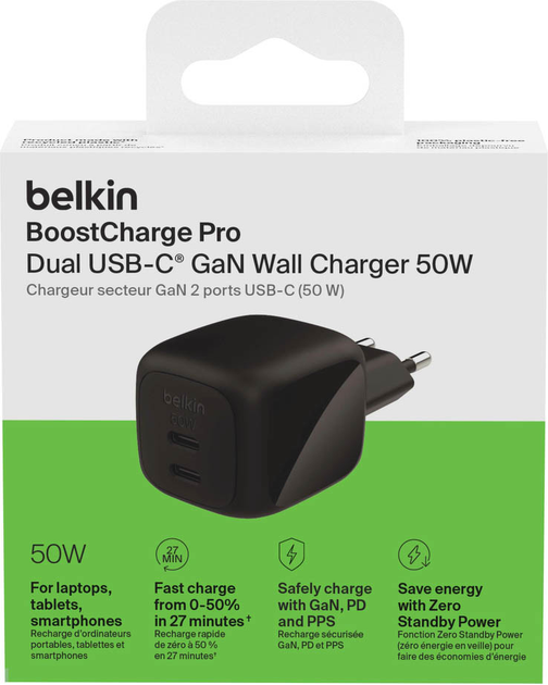 Ładowarka sieciowa Belkin 50W 2 x USB-C GAN PD PPS Black (WCH019KQBK) - obraz 7