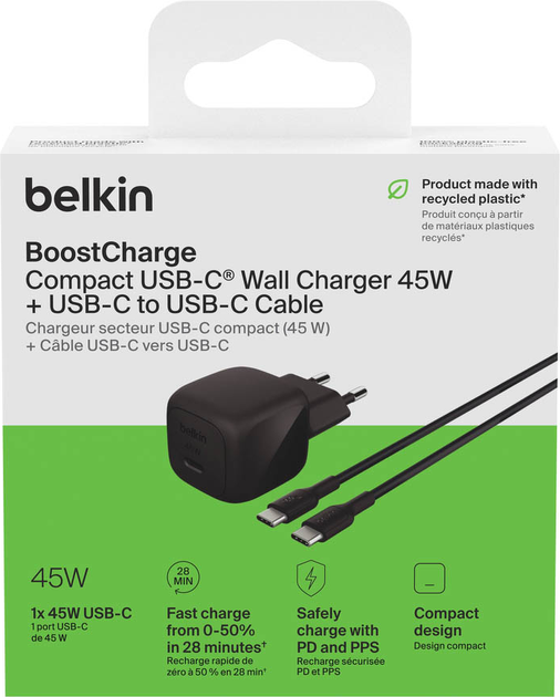 Ładowarka sieciowa Belkin BoostCharge 45W + Type-C to Type-C Cable Black (WCA012KQ1MWH-B6) - Zdjęcie 3 Ładowarka sieciowa Belkin BoostCharge 45W + Type-C to Type-C Cable Black (WCA012KQ1MWH-B6) - obraz 3