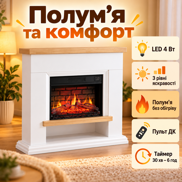 Електричний камін-обігрівач 1800 Вт з порталом Камін для дому до 30 м² Декоративний електрокамін з панорамним полум’ям звуком дров пультом термостатом і таймером - зображення 3