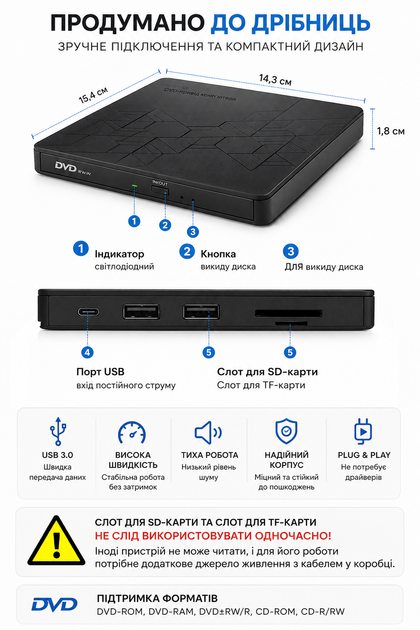 Внешний CD/DVD привод Maxesla BT668 USB 3.0 Type-C 24X/8X с SD/TF и 2 USB для ноутбука ПК Mac - изображение 6