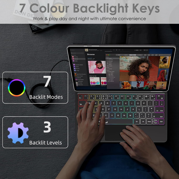 Чохол-клавіатура TECHGEAR для Samsung Galaxy Tab S10+/S9+/S9 FE+/S8+/S7+/S7 FE 12.4", Bluetooth, трекпад, RGB, чорний - Фото 5 Чохол-клавіатура TECHGEAR для Samsung Galaxy Tab S10+/S9+/S9 FE+/S8+/S7+/S7 FE 12.4", Bluetooth, трекпад, RGB, чорний - зображення 5