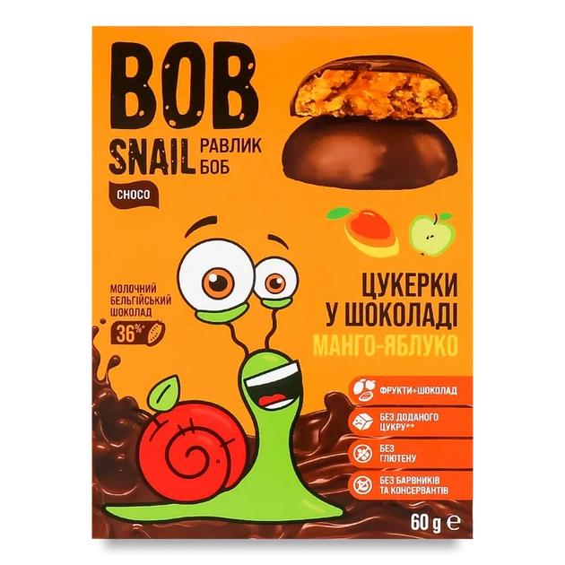Цукерки Bob Snail манго у молочному шоколаді 60г - Фото 1 Цукерки Bob Snail манго у молочному шоколаді 60г - изображение 1