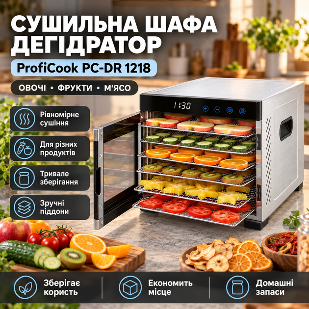 Дегидратор для фруктов ProfiCook 650 Вт электросушилка для овощей 6 секций терморегулятор таймер автовыключение - изображение 2