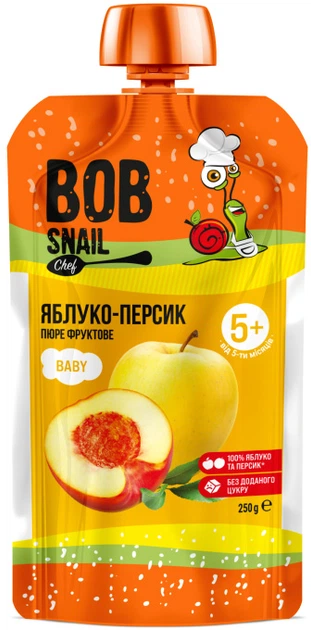 Пюре фруктове Bob Snail Яблуко-Персик для дітей від 5 місяців гомогенізоване 250 г - Фото 1 Пюре фруктове Bob Snail Яблуко-Персик для дітей від 5 місяців гомогенізоване 250 г - изображение 1