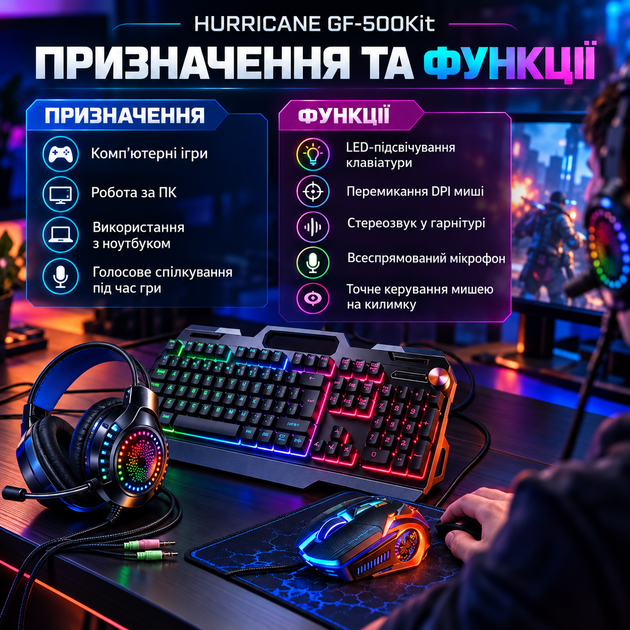 Ігровий комплект Hurricane GF-500Kit 4 в 1 клавіатура миша гарнітура килимок RGB підсвічування 1600 DPI для ПК ноутбука - зображення 3