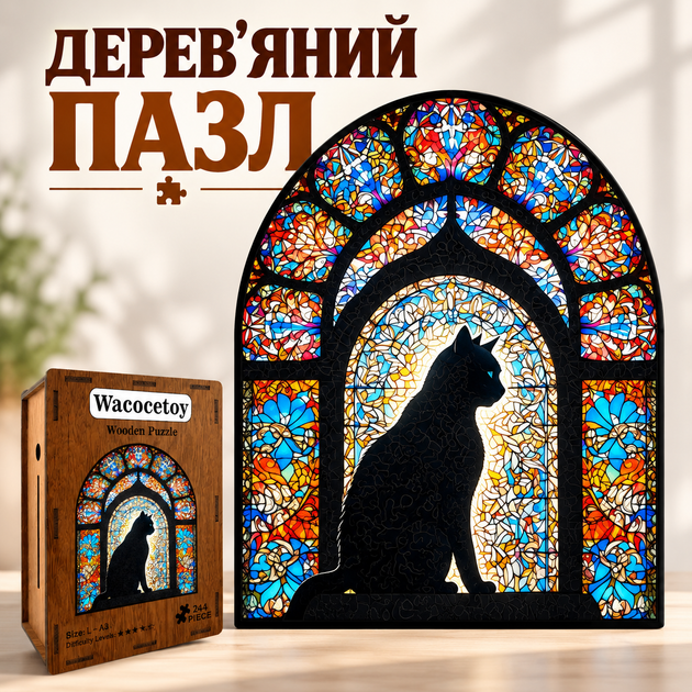 Деревянный фигурный пазл Черный кот и витраж 244 Элемента 3D Головоломка для детей и взрослых в деревянной коробке - Фото 1 Деревянный фигурный пазл Черный кот и витраж 244 Элемента 3D Головоломка для детей и взрослых в деревянной коробке - изображение 1
