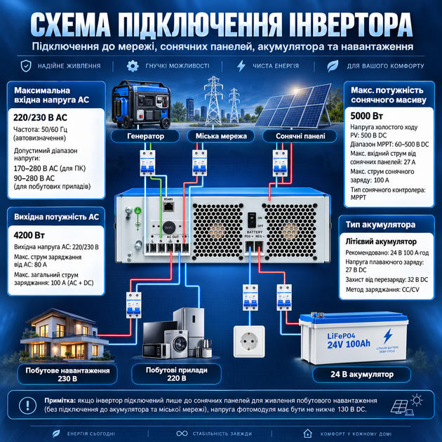 Гибридный солнечный инвертор Anenji 4.2 кВт 24V, чистая синусоида, Wi-Fi, MPPT 100А, ИПБ, с поддержкой LiFePO4 с BMS - Фото 6 Гибридный солнечный инвертор Anenji 4.2 кВт 24V, чистая синусоида, Wi-Fi, MPPT 100А, ИПБ, с поддержкой LiFePO4 с BMS - изображение 6