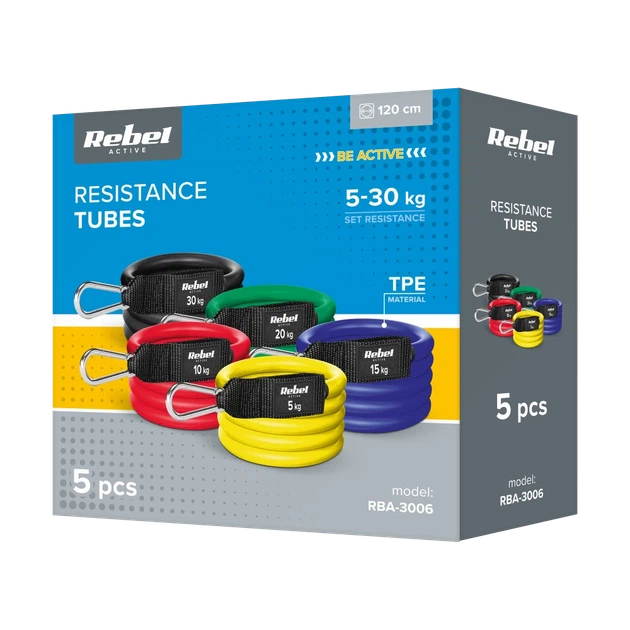 Набір трубчастих еспандерів REBEL Power Tube Set 5-80 kg 5 шт (RBA-3006) - Фото 8 Набір трубчастих еспандерів REBEL Power Tube Set 5-80 kg 5 шт (RBA-3006) - зображення 8