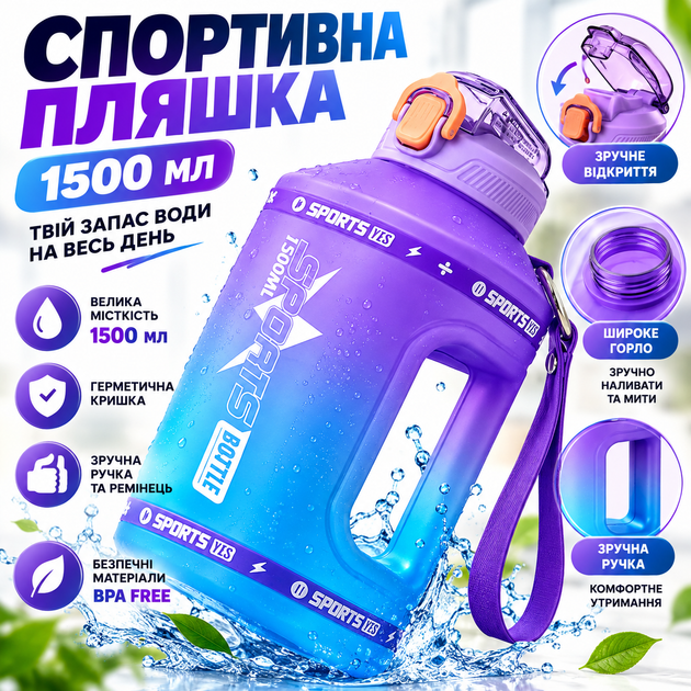 Еко-пляшка для води SPORTS BOTTLE 1500 мл — велика багаторазова спортивна пляшка з ручкою, фіолетово-блакитний градієнт - зображення 6