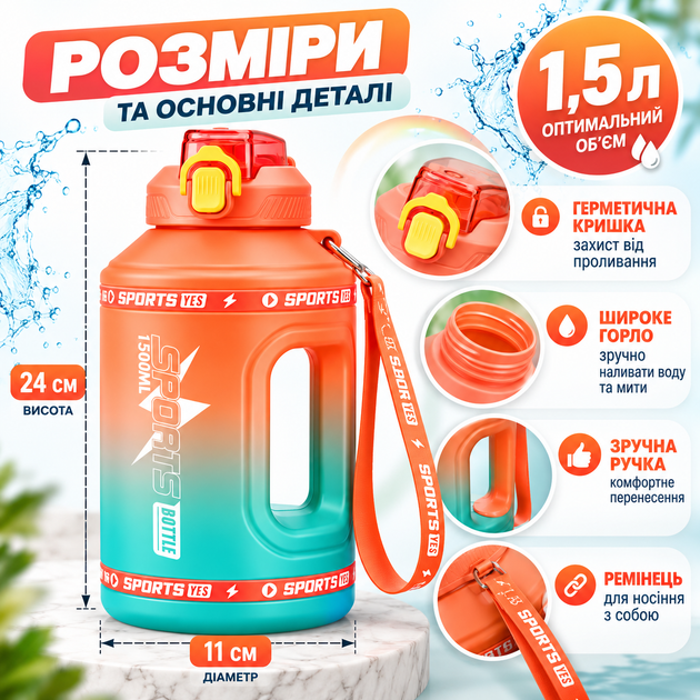 Еко-пляшка для води SPORTS BOTTLE 1500 мл — велика багаторазова спортивна пляшка з вбудованою ручкою, помаранчевий градієнт - Фото 2 Еко-пляшка для води SPORTS BOTTLE 1500 мл — велика багаторазова спортивна пляшка з вбудованою ручкою, помаранчевий градієнт - зображення 2