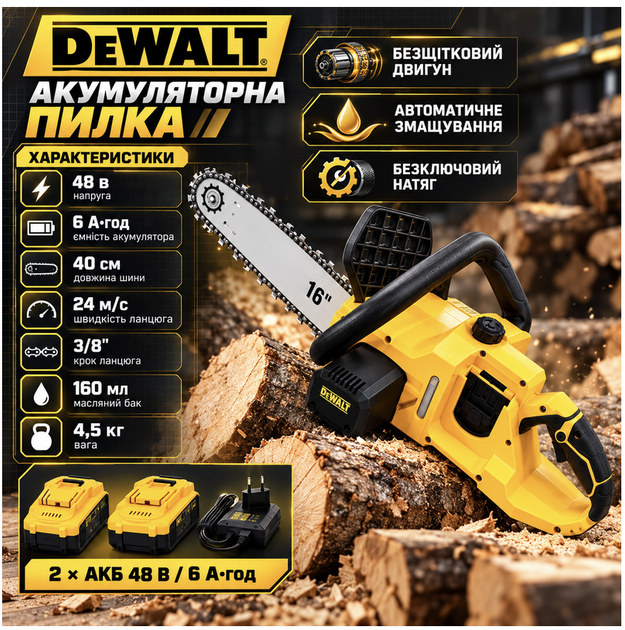 Електропила акумуляторна DeWalt 48 В 6 А·год, ланцюгова безщіткова пила для обрізання дерев і заготівлі дров, шина 40 см, 2 акумулятори в комплекті, автоматичне змащування ланцюга, безключове натягування, швидкість 24 м/с - Фото 1 Електропила акумуляторна DeWalt 48 В 6 А·год, ланцюгова безщіткова пила для обрізання дерев і заготівлі дров, шина 40 см, 2 акумулятори в комплекті, автоматичне змащування ланцюга, безключове натягування, швидкість 24 м/с - изображение 1