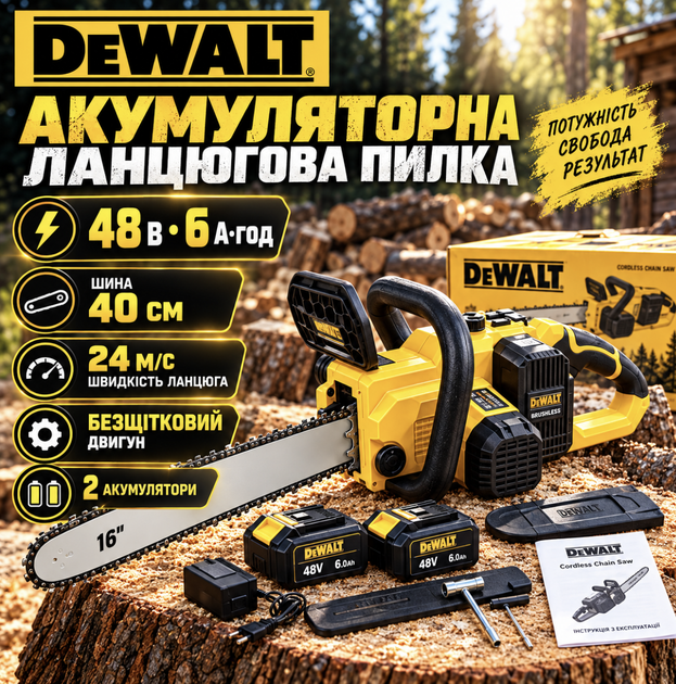 Електропила акумуляторна DeWalt 48 В 6 А·год, ланцюгова безщіткова пила для обрізання дерев і заготівлі дров, шина 40 см, 2 акумулятори в комплекті, автоматичне змащування ланцюга, безключове натягування, швидкість 24 м/с - Фото 13 Електропила акумуляторна DeWalt 48 В 6 А·год, ланцюгова безщіткова пила для обрізання дерев і заготівлі дров, шина 40 см, 2 акумулятори в комплекті, автоматичне змащування ланцюга, безключове натягування, швидкість 24 м/с - изображение 13