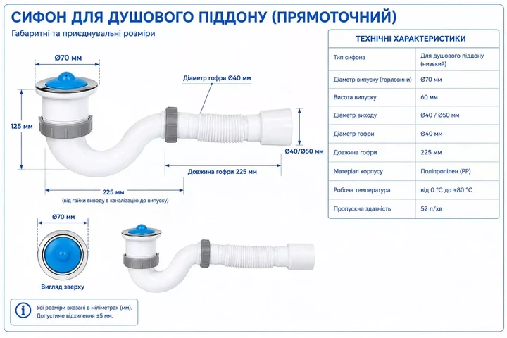 D1012 душ. піддон прямоточний 1 1/2, різьб. випуск, гофротруба 40*40/50 {50} - изображение 4