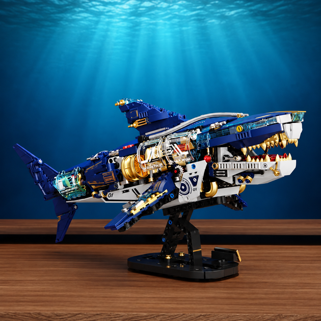 Великий stem конструктор 3D Механічна Акула 1277 деталей 45,5 см акула робот з рухомими елементами та підсвічуванням - зображення 9