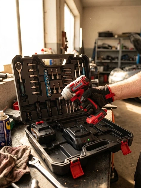 Акумуляторний ударний гайковерт Krafftec Germani DTW 1000 48 В 8 А·год 1000 Нм безщітковий 2 АКБ з набором головок - зображення 9