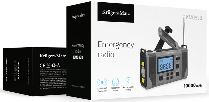 Radio awaryjne solarne z korbką Kruger&Matz 10000 mAh Czarne (5901890132664) - Zdjęcie 9 Radio awaryjne solarne z korbką Kruger&Matz 10000 mAh Czarne (5901890132664) - obraz 9
