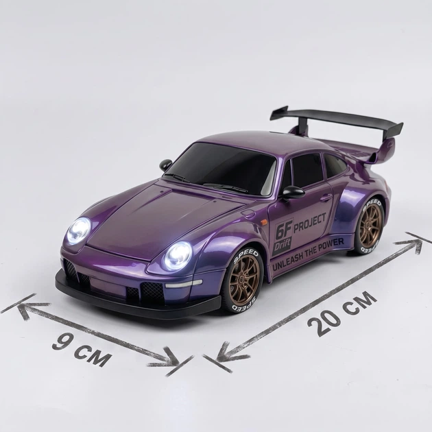 Радиоуправляемая машинка для дрифта Porsche 911 4WD 1:24 с 2 комплектами шин и конусами Фиолетовая - изображение 3