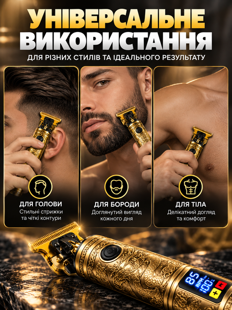Триммер для бороды волос усов и тела профессиональный аккумуляторный 6 в 1 машинка для стрижки с LED-дисплеем 6 насадками зарядкой Type-C металлический корпус 90 мин работы - Фото 2 Триммер для бороды волос усов и тела профессиональный аккумуляторный 6 в 1 машинка для стрижки с LED-дисплеем 6 насадками зарядкой Type-C металлический корпус 90 мин работы - изображение 2