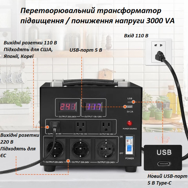 Инвертор-конвертер напряжения VEVOR 3000W двунаправленный 110/220V - изображение 2