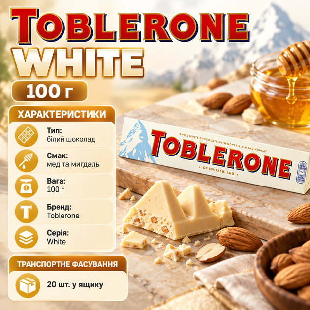 Шоколад білий Toblerone White 100 г з медом мигдалем солодощі плитка швейцарська - Фото 3 Шоколад білий Toblerone White 100 г з медом мигдалем солодощі плитка швейцарська - зображення 3