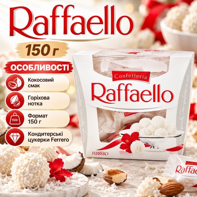 Цукерки Raffaello Ferrero 150 г кокосові з горіховим смаком солодощі десерт італійські - Фото 2 Цукерки Raffaello Ferrero 150 г кокосові з горіховим смаком солодощі десерт італійські - зображення 2