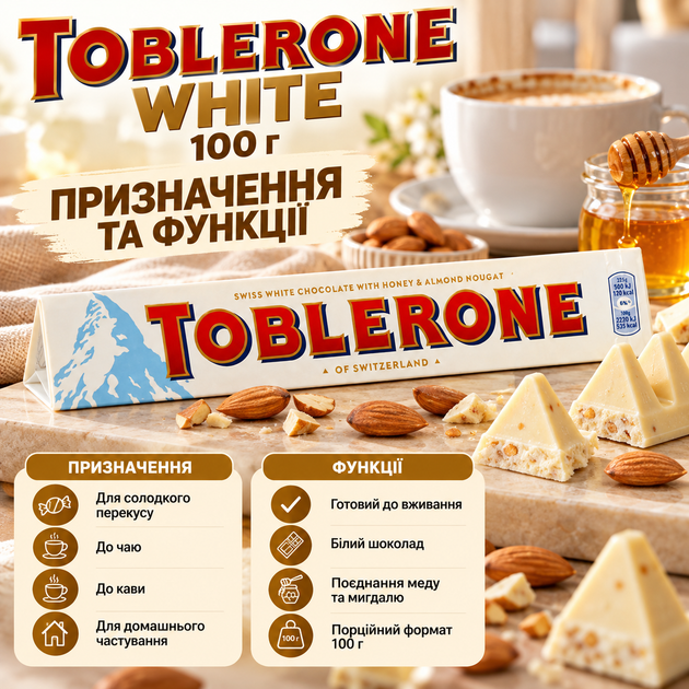 Шоколад білий Toblerone White 100 г з медом мигдалем солодощі плитка швейцарська - Фото 4 Шоколад білий Toblerone White 100 г з медом мигдалем солодощі плитка швейцарська - зображення 4