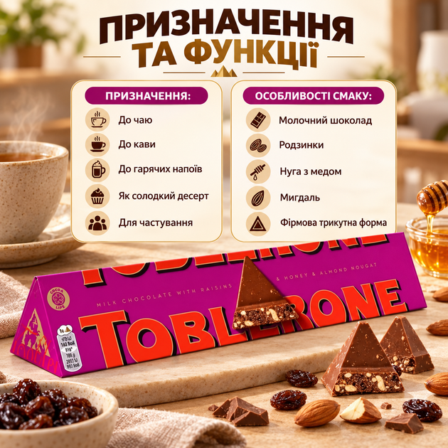 Молочний шоколад з родзинками мигдалем медовою нугою швейцарський плитковий десерт 100 г картонна упаковка - зображення 4