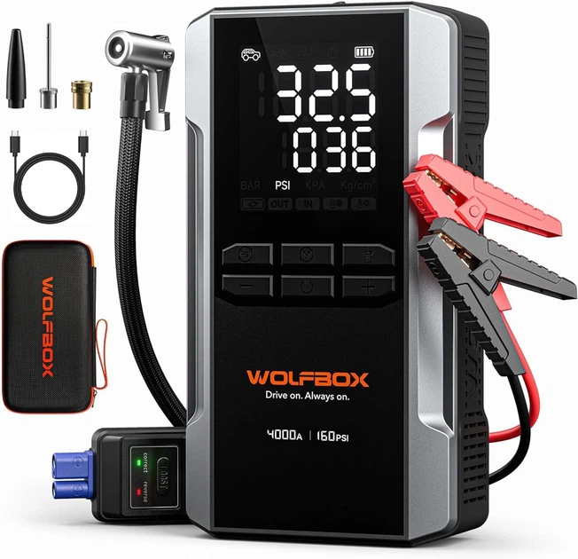 Пусковое устройство WOLFBOX MV24A 4000A /88.8 Вт/ 12 В с воздушным компрессором 160 PSI - Фото 1 Пусковое устройство WOLFBOX MV24A 4000A /88.8 Вт/ 12 В с воздушным компрессором 160 PSI - изображение 1
