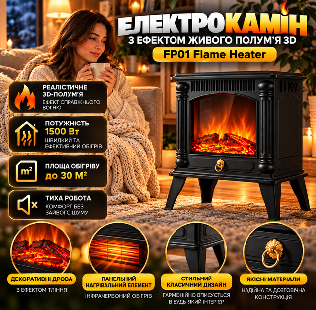 Електричний нагрівач-камін з ефектом живого полум'я 3D FP01 Flame Heater Електрокамін підлоговий - зображення 3