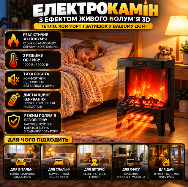 Електричний нагрівач-камін з ефектом живого полум'я 3D RS200 Flame Heater Електрокамін підлоговий - зображення 2