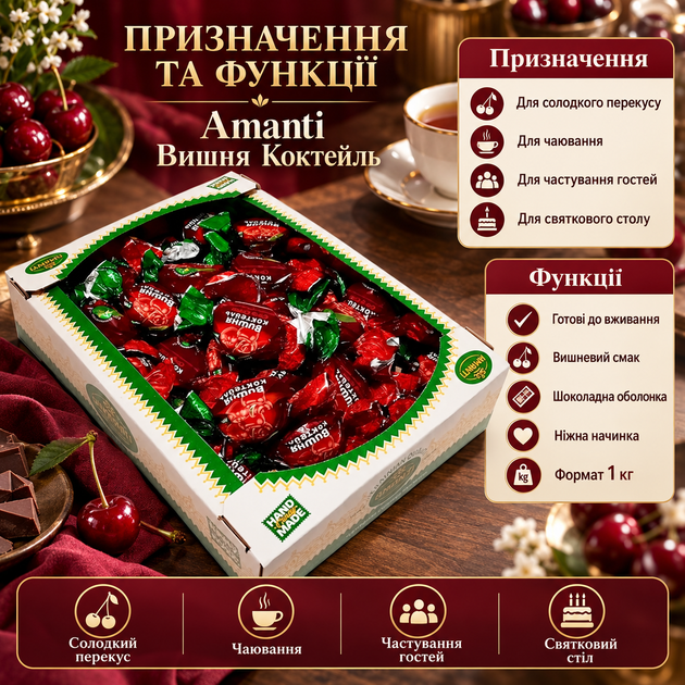 Цукерки Amanti Вишня Коктейль 1 кг молочний шоколад з вишневою начинкою фруктовим смаком десерт у картонній коробці - Фото 4 Цукерки Amanti Вишня Коктейль 1 кг молочний шоколад з вишневою начинкою фруктовим смаком десерт у картонній коробці - зображення 4