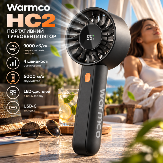 Портативный турбовентилятор Warmco HC2, 5000 мАч, 9000 об/мин, 4 скорости, LED-дисплей, аккумуляторный, черный - изображение 2