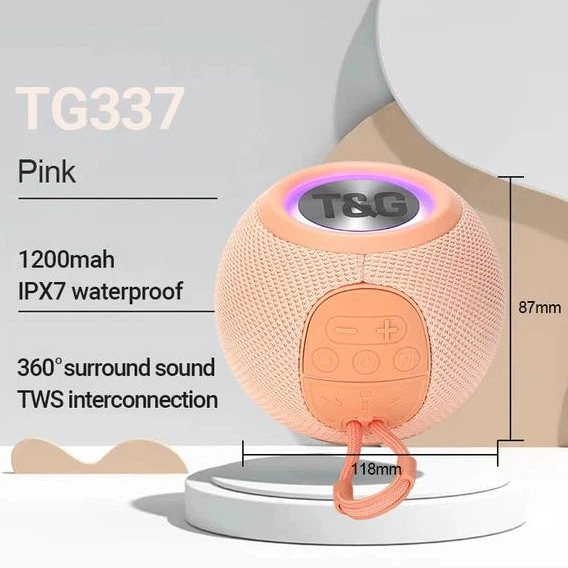 Портативная беспроводная Bluetooth-колонка T&G TG337 5 Вт с RGB-подсветкой, FM-радио, TWS, защитой IPX7 и спикерфоном, Pink (1200 mAh) - Фото 6 Портативная беспроводная Bluetooth-колонка T&G TG337 5 Вт с RGB-подсветкой, FM-радио, TWS, защитой IPX7 и спикерфоном, Pink (1200 mAh) - изображение 6