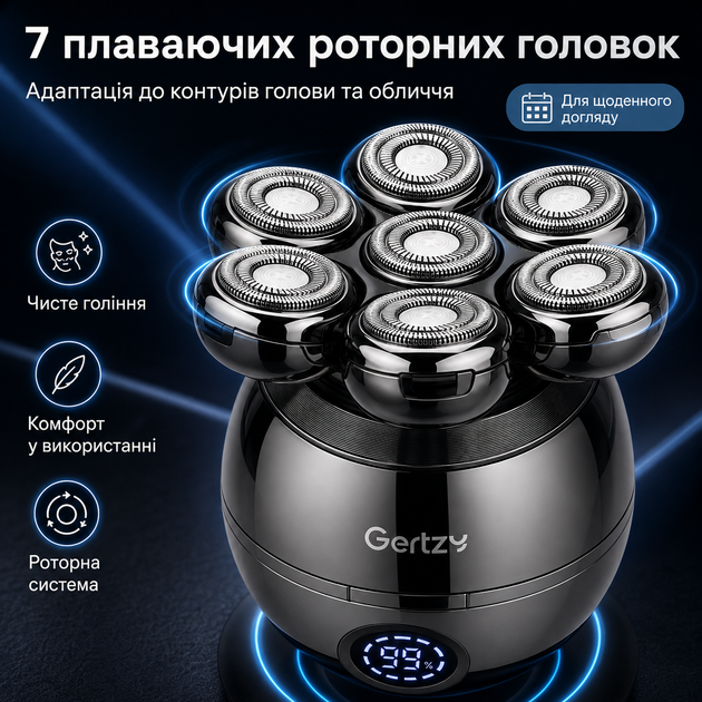 Мужская электробритва Gertzy 5-в-1 с 7 плавающими роторными головками и USB-зарядкой - изображение 2