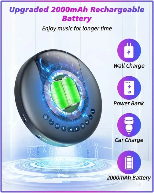 Портативний акумуляторний CD-програвач ARAFUNA CD-521 з Bluetooth та FM-радіо — персональний плеєр - зображення 4
